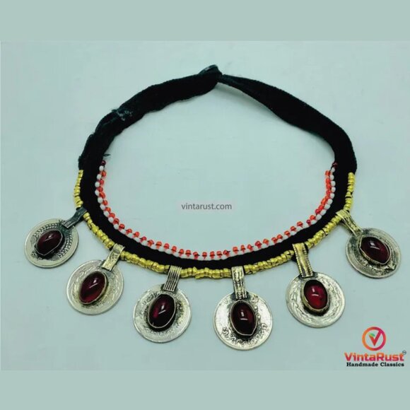 Tribal Glass Stone Embedded Coins Necklace: Statement Kuchi Handmade Choker - Picture 4 of 7